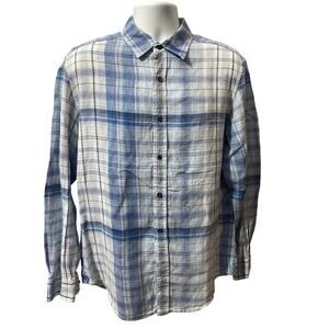 BANANA REPUBLIC LINEN SHIRT — Blue Plaid Long Sleeve Button Up Men's M